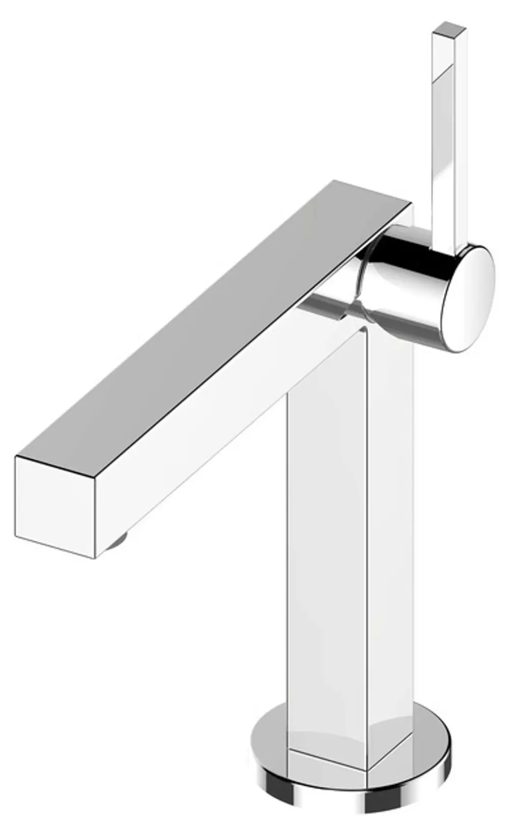 Chromierter Waschbeckenauslaufmischer von Keuco mit schmalem, rechteckigem Wasserhahn und seitlichem Hebel zur Steuerung des Wasserflusses.